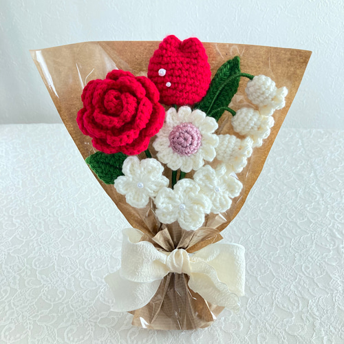 色っぽレッド】赤 ピンク 白 花束 かぎ針編み 編み物 枯れない花 毛糸