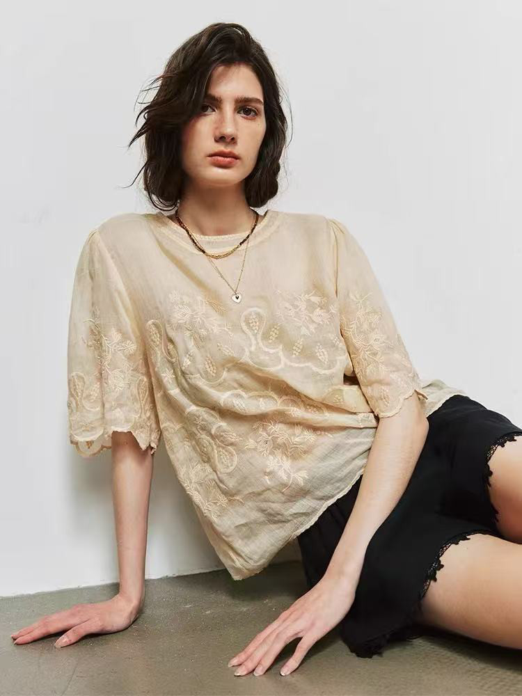 刺繍ブラウス　麻100％　ラミーブラウス