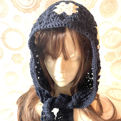 再販】オールシーズンOK！グラニーモチーフのニットフード☆被るだけの