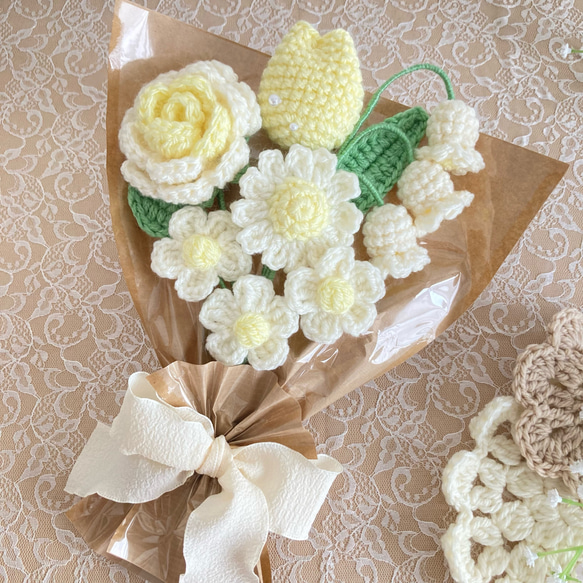 はかなげイエロー】黄色 白 花束 かぎ針編み 編み物 枯れない花 毛糸