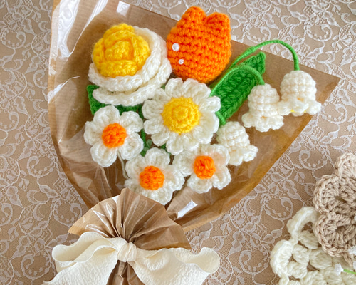 しあわせオレンジ】オレンジ 黄色 花束 かぎ針編み 編み物 枯れない花