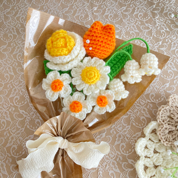 しあわせオレンジ】オレンジ 黄色 花束 かぎ針編み 編み物 枯れない花