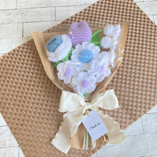あおぞらパープル】青 紫 白 花束 かぎ針編み 編み物 枯れない花