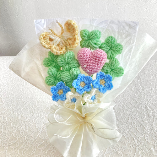 あおぞらパープル】青 紫 白 花束 かぎ針編み 編み物 枯れない花 毛糸