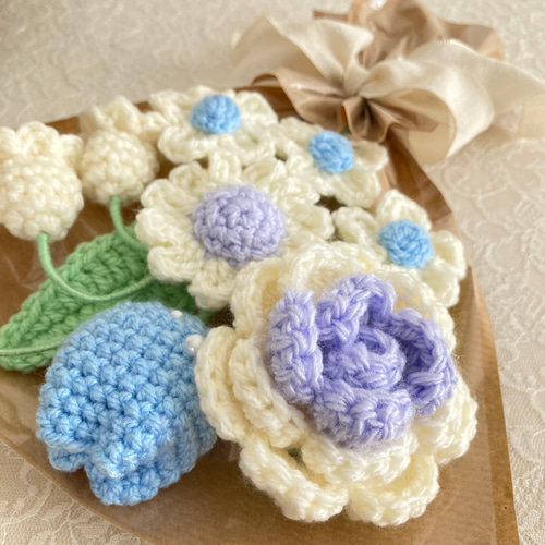 毛糸の花アレンジメント 青紫 あおぞらパープル】青 紫 白 花束 かぎ針編み 編み物 枯れない花 毛糸