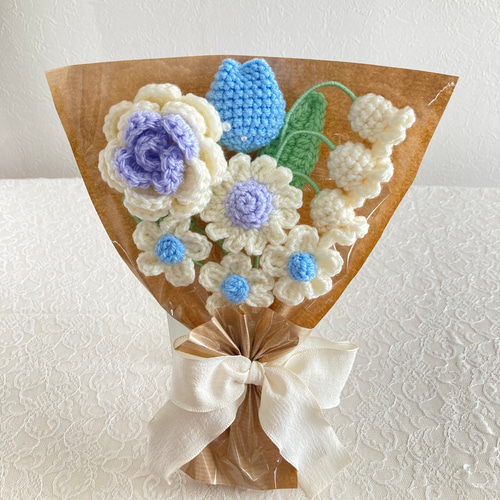 あおぞらパープル】青 紫 白 花束 かぎ針編み 編み物 枯れない花 毛糸