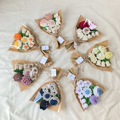 あおぞらパープル】青 紫 白 花束 かぎ針編み 編み物 枯れない花