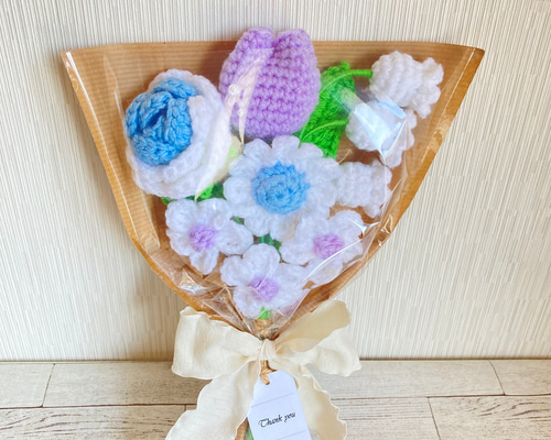 あおぞらパープル】青 紫 白 花束 かぎ針編み 編み物 枯れない花