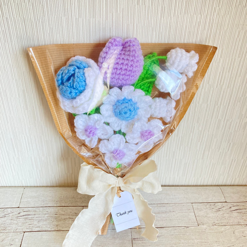 あおぞらパープル】青 紫 白 花束 かぎ針編み 編み物 枯れない花