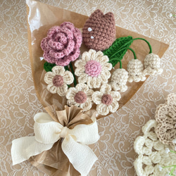 ぬくもりブラウン】茶 くすみピンク 花束 かぎ針編み 枯れない花 毛糸