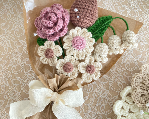 ぬくもりブラウン】茶 くすみピンク 花束 かぎ針編み 枯れない花 毛糸