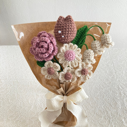 ぬくもりブラウン】茶 くすみピンク 花束 かぎ針編み 枯れない花 毛糸