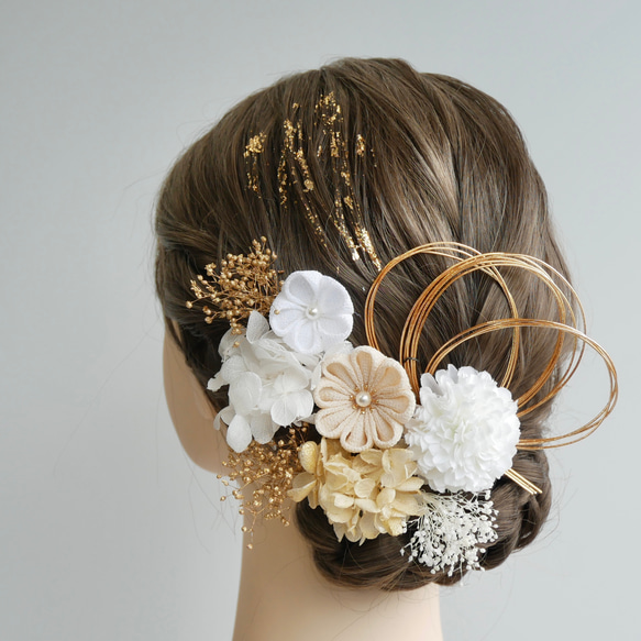 A461 白 つまみ細工 ドライフラワー 髪飾り 成人式 前撮り 卒業式 結婚