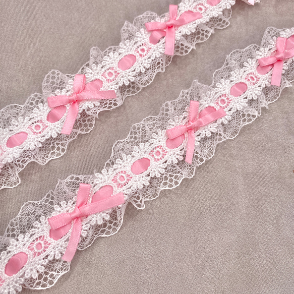 ♡ディアマンテ♡レースフリルリボンボレロ♡3点セットピンク白黒ファーぼかし薔薇柄 輸入レース】リボン付きフリルレース ピンク/ホワイト レース マーサ