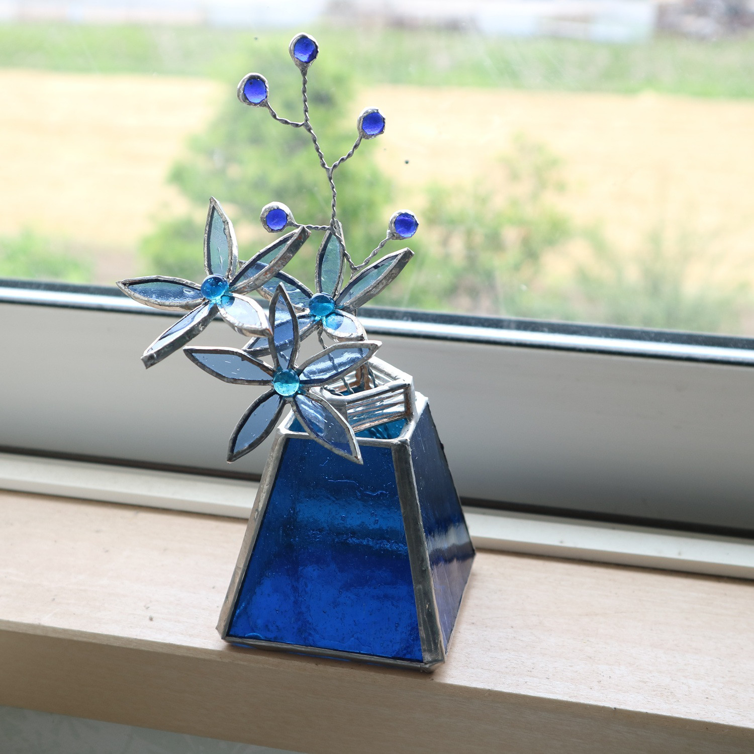 ステンドグラス　花（青）