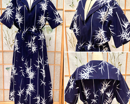 ☆浴衣リメイク☆ セーラーカラーのワンピース (ネイビー／竹の葉