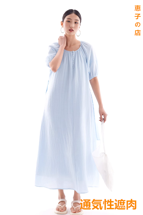 ワンピースクルーネック半袖デザインボタンリラックス気質ゆったりベルトで痩せ見え2025春夏新作レディースブルー