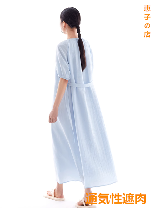 ワンピースクルーネック半袖デザインボタンリラックス気質ゆったりベルトで痩せ見え2025春夏新作レディースブルー