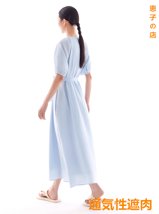 ワンピースクルーネック半袖デザインボタンリラックス気質ゆったりベルトで痩せ見え2025春夏新作レディースブルー