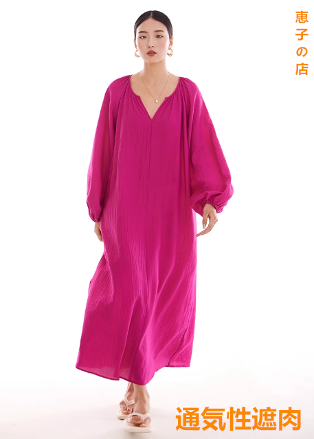 ワンピースロングスカート2025春夏新作ドラゴンフルーツカラー。カジュアルでゆったり繭型パフスリーブたるんだ雰囲気の海辺