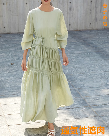 あんグリーン～ワンピース婦人服ロングスカート新型春夏リラックス風ベルト送り。ふわふわした