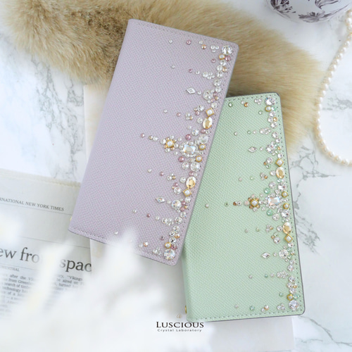 Jewel cascade/ミスティックモーヴ ラインストーン手帳型スマホケース