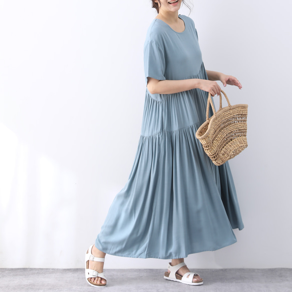 （再販×3）全9色　ひんやり　夏生地　半袖　ギャザーたっぷり　ゆったり　ロングワンピース ♪オーダーサイズ可 2枚目の画像