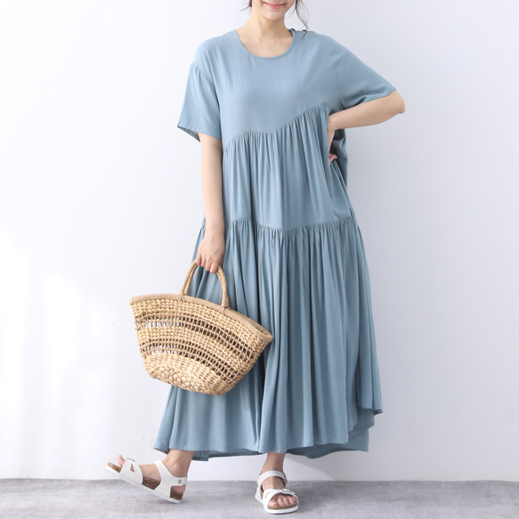 （再販×3）全9色　ひんやり　夏生地　半袖　ギャザーたっぷり　ゆったり　ロングワンピース ♪オーダーサイズ可 3枚目の画像