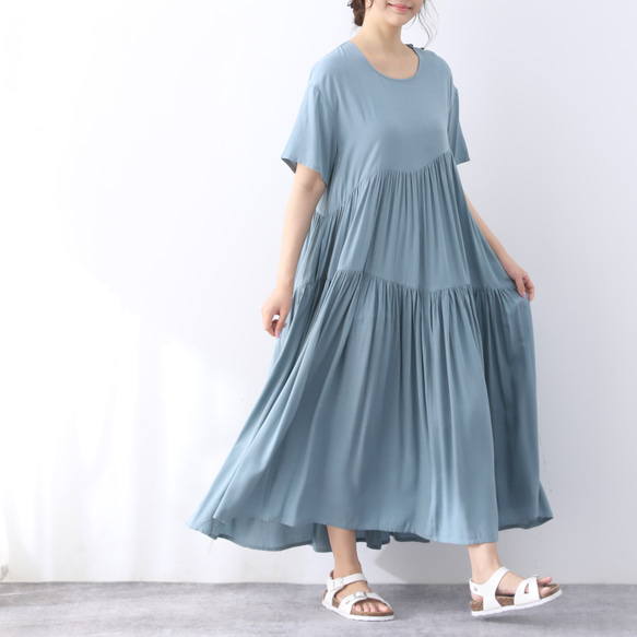 （再販×3）全9色　ひんやり　夏生地　半袖　ギャザーたっぷり　ゆったり　ロングワンピース ♪オーダーサイズ可 1枚目の画像