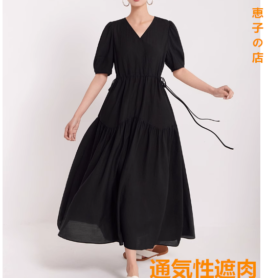 ワンピース夏今年人気の新作、婦人服Vネック半袖大振りロングスカートゆったりウエストを収めて痩せて見える韓国版ブラック