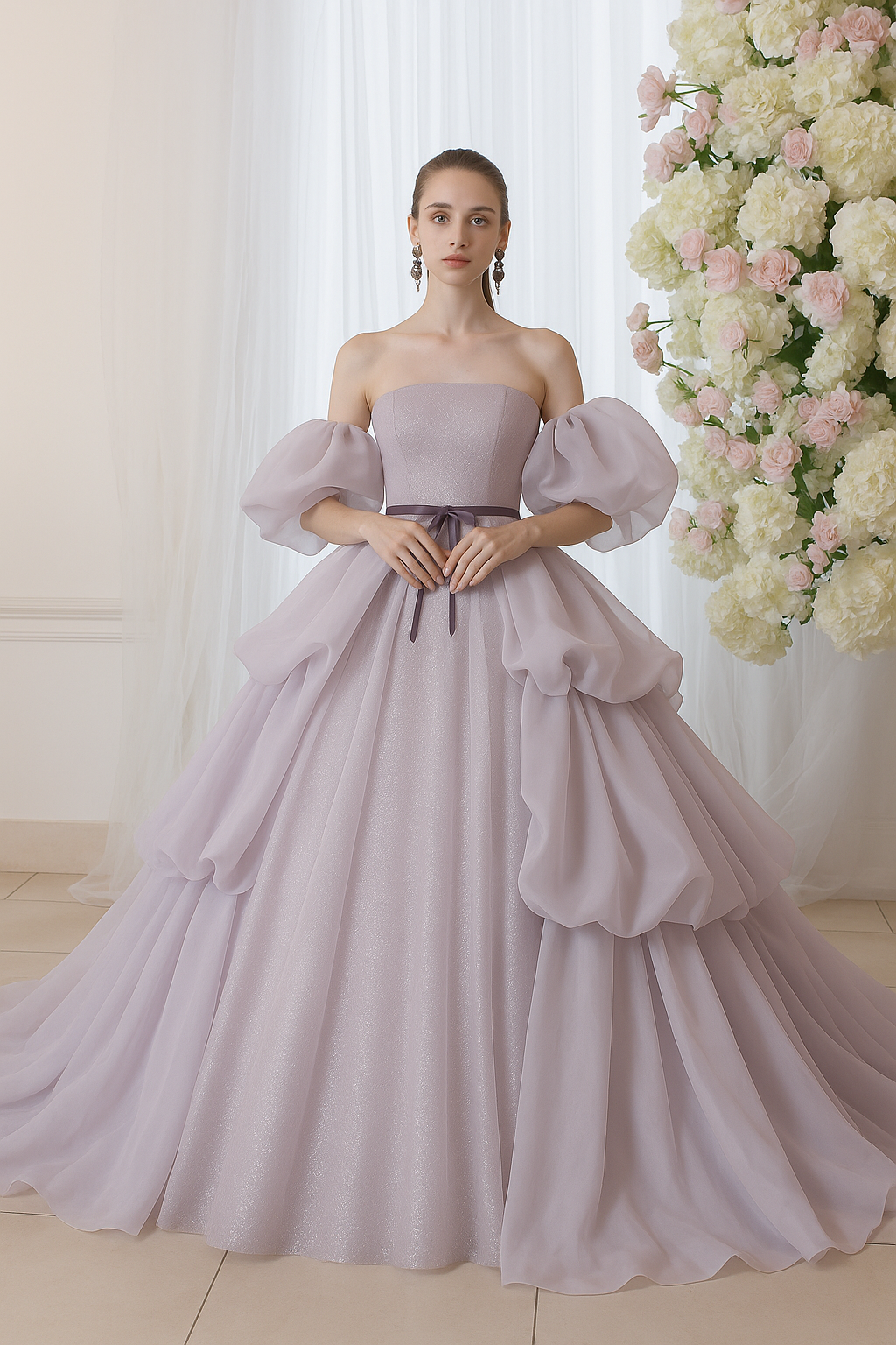 送料無料！カラードレス オーキッド パフスリーブ ティアードのドレス ベルト ラッフルフリル 花嫁/ウェディングドレス 41,334円