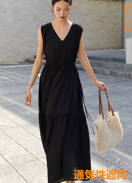 ワンピースレディース春夏新作2024ノースリーブでウエストを丸く見せるVネック黒スカートで上品女装