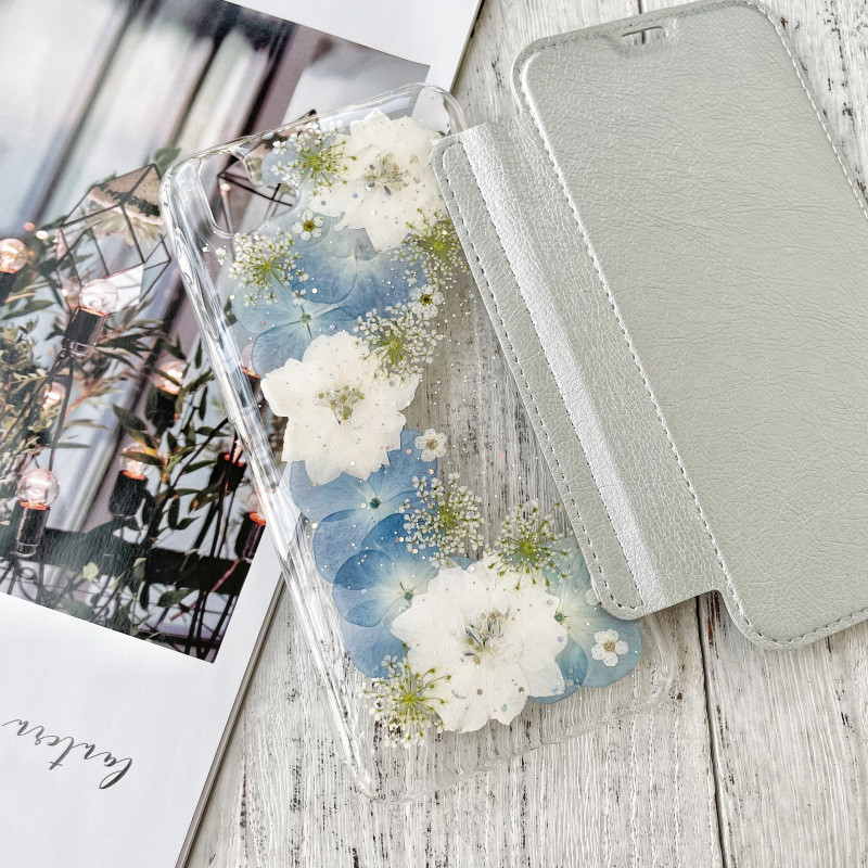 5色、手帳型押し花スマホケース、紫陽花、全機種対応、iPhone17、iPhone17Pro、Android