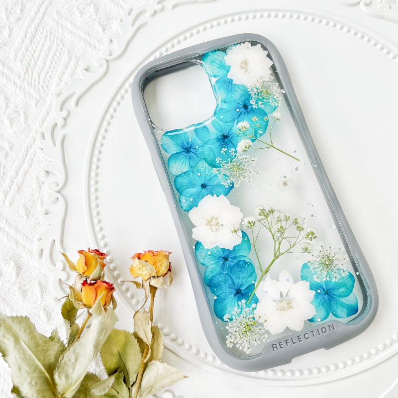 紫陽花iFace風押し花スマホケース、iPhone全機種対応、iPhone16、iPhone15Pro、iPhone8