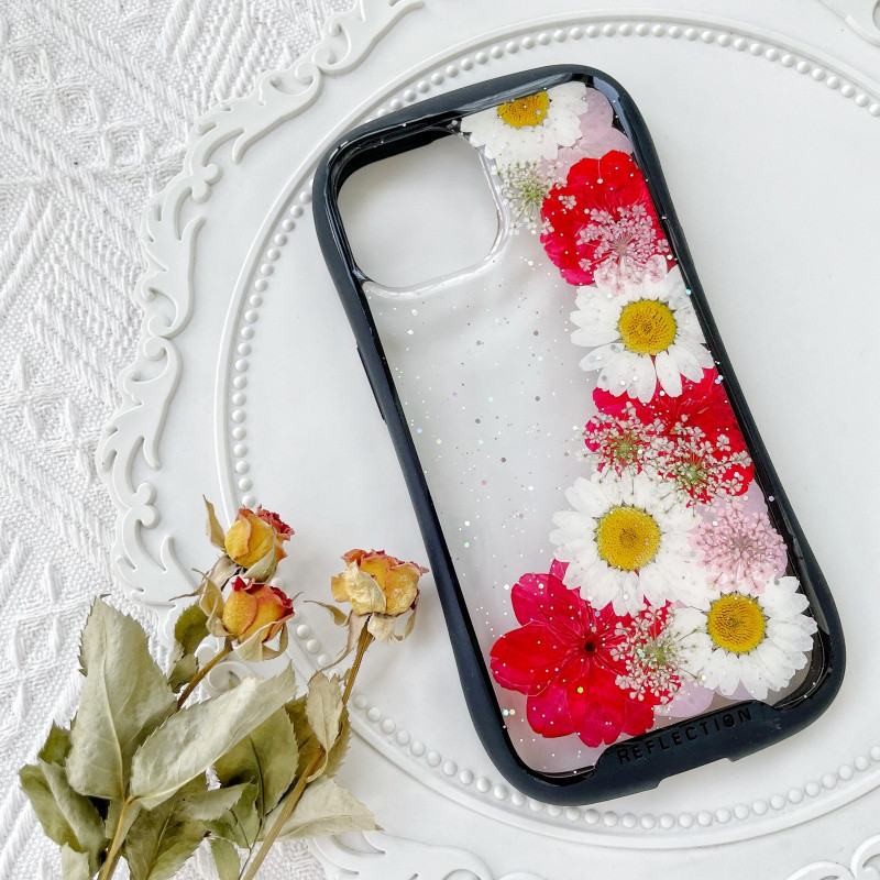 紫陽花iFace風押し花スマホケース、iPhone全機種対応、iPhone16、iPhone15Pro、iPhone8