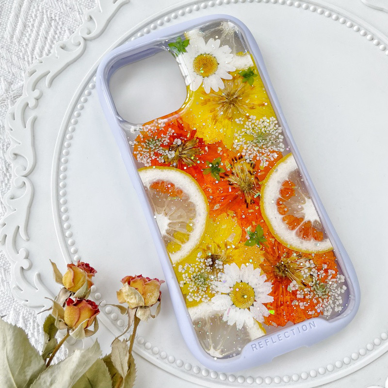 レモンiFace風押し花スマホケース、iPhone全機種対応、iPhone16、iPhone16Pro、iPhone8