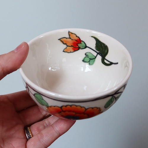 Orangeフラワー ボウル バッチャン焼き ベトナム食器 手描き 花柄 お椀