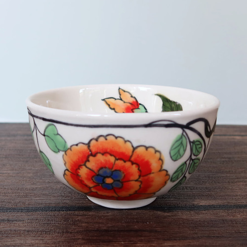 Orangeフラワー ボウル バッチャン焼き ベトナム食器 手描き 花柄 お椀