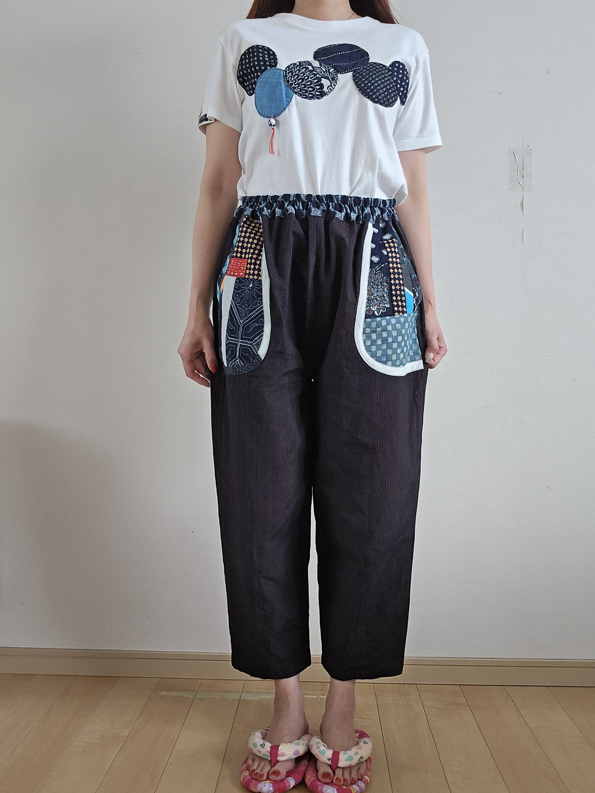 着物リメイク　手作り　ポケットがかわいい　縞木綿　パンツ