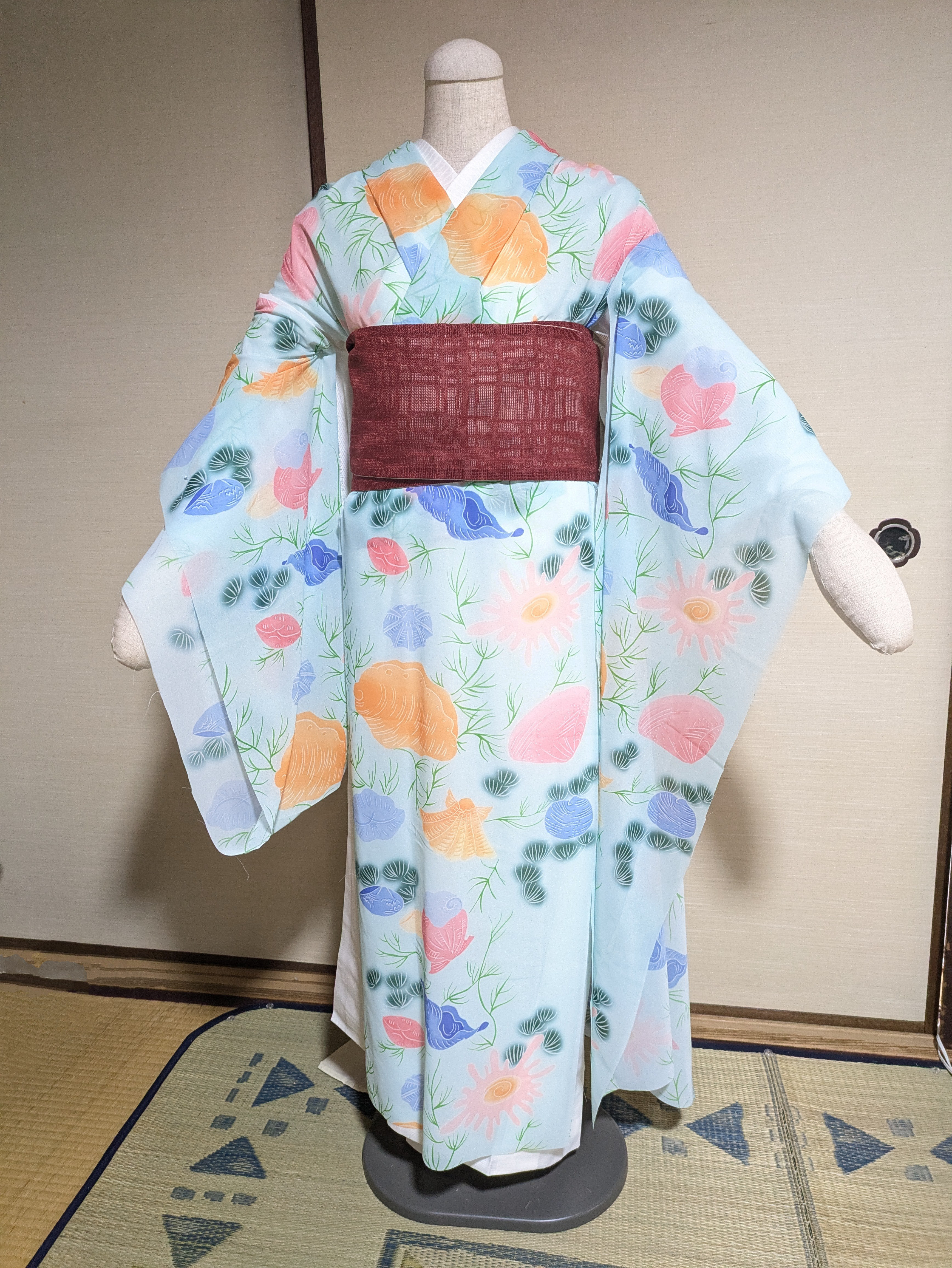 【絽　着物】江戸の意匠、あなたの袖へ。小袖雛形シリーズ【いろいろ貝殻のうすもの】ポリエステル着物　ポリ着物　洗える着物