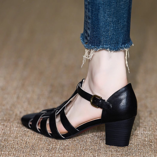 馬革インソールグルカサンダル 太ヒール レディース パンプス スクエア