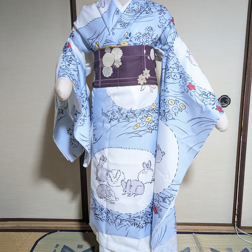 専用着物　小振袖　ポリエステル　洗える　美品　花文様　浅葱色　和風館 小振袖レンタル 小振袖Mサイズ ブランド：和風館 薔薇 ベージュ