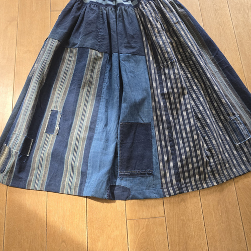 着物リメイク 手作り 縞 絣 BORO (襤褸) パッチワーク スカート