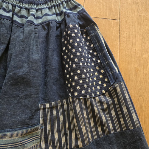 着物リメイク 手作り 縞 絣 BORO (襤褸) パッチワーク スカート