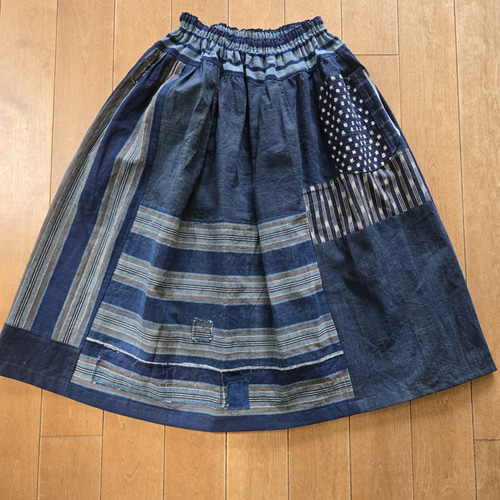 着物リメイク 手作り 縞 絣 BORO (襤褸) パッチワーク スカート