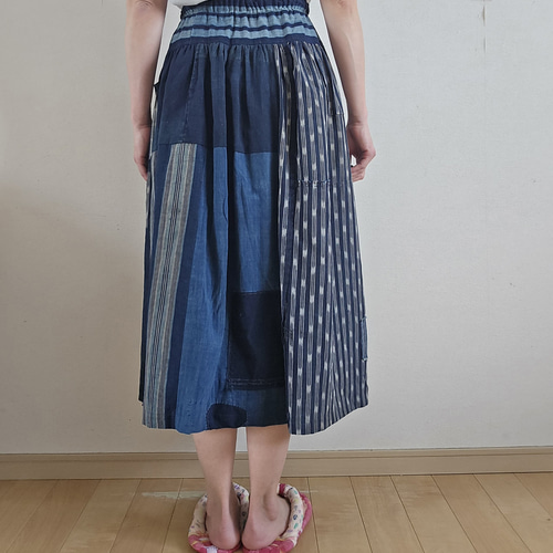 着物リメイク 手作り 縞 絣 BORO (襤褸) パッチワーク スカート