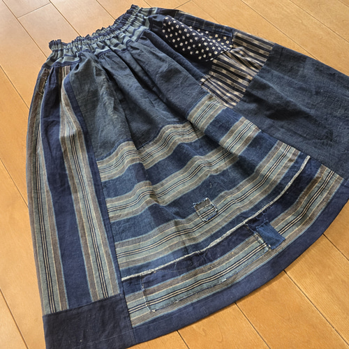 着物リメイク 手作り 縞 絣 BORO (襤褸) パッチワーク スカート