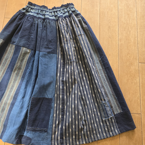 着物リメイク 手作り 縞 絣 BORO (襤褸) パッチワーク スカート