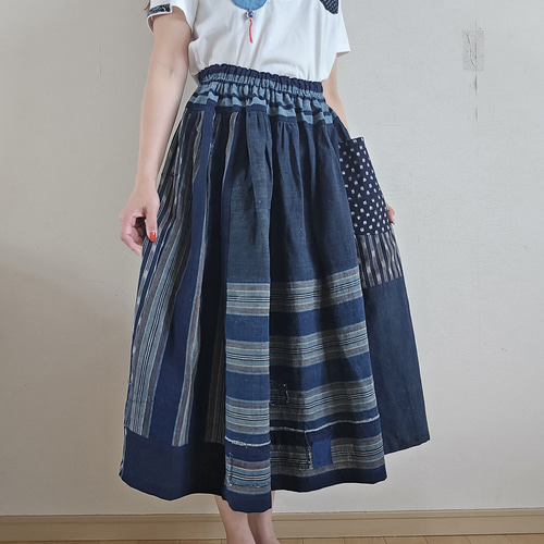 着物リメイク 手作り 縞 絣 BORO (襤褸) パッチワーク スカート