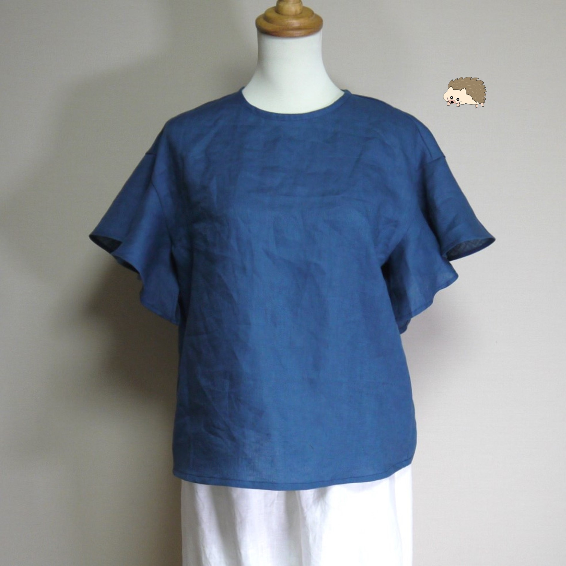 カラーリネン◆ラッフル袖ブラウス◆ブルー◆S・Ｍ・Ｌ（中厚、リネン100％）